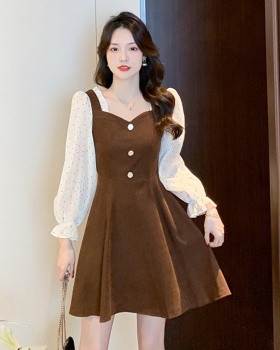 France style long sleeve square collar dress