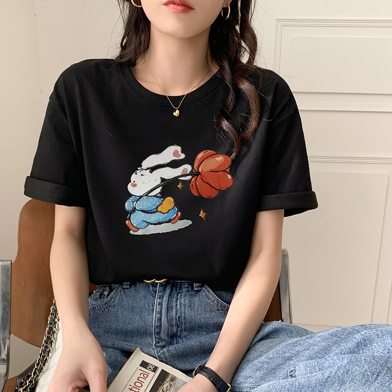 Pure cotton red T-shirt loose cartoon tops for women