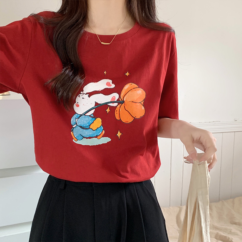 Pure cotton red T-shirt loose cartoon tops for women