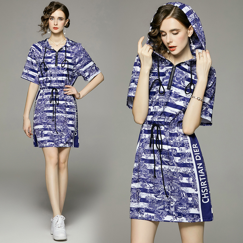 Printing European style hooded fashion summer dress