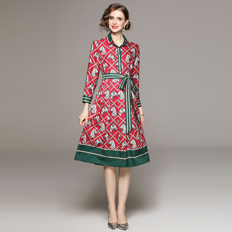 Pinched waist European style printing dress