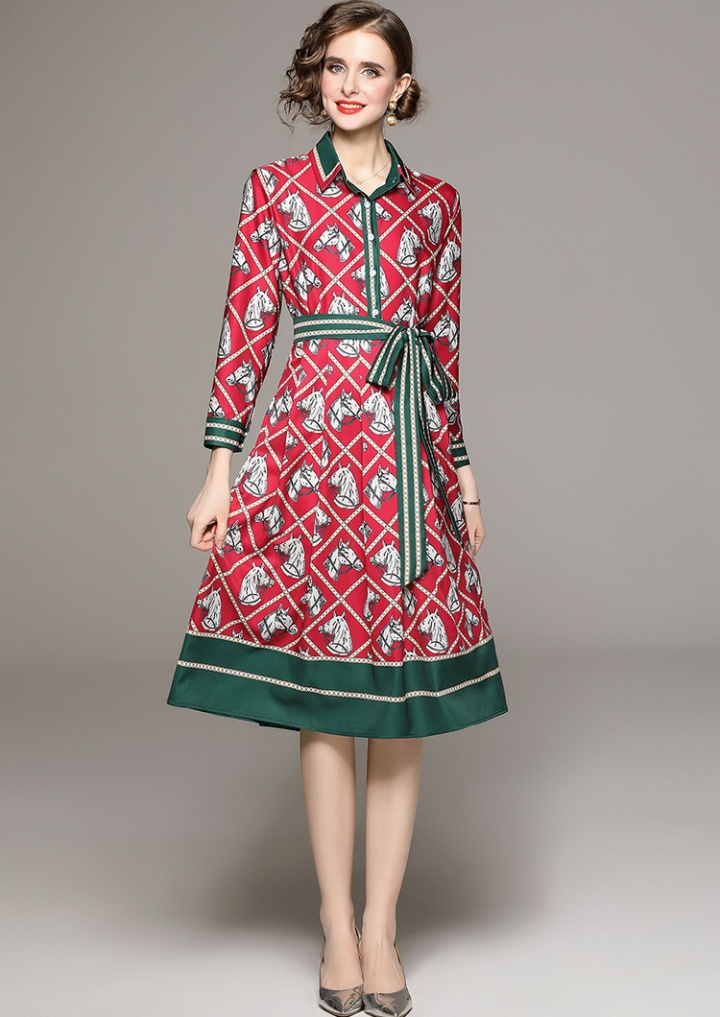 Pinched waist European style printing dress