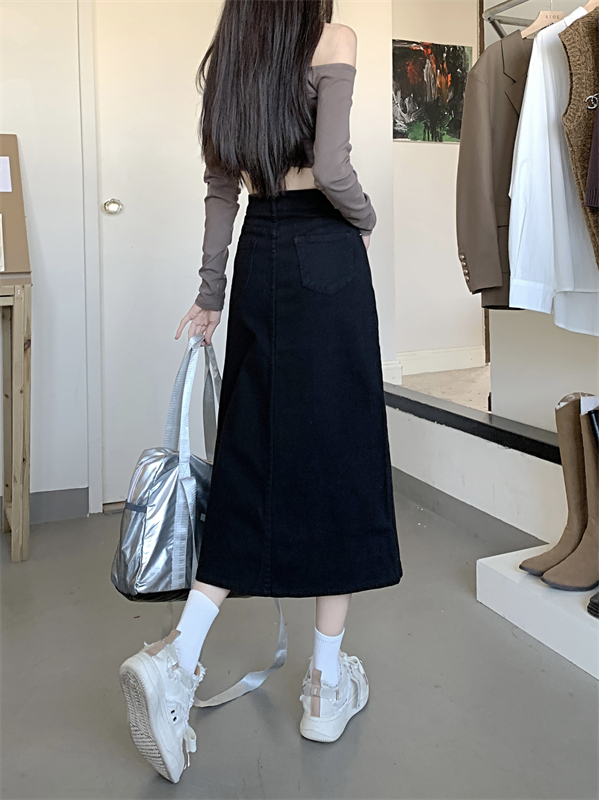 Slit slim long black irregular high waist denim skirt