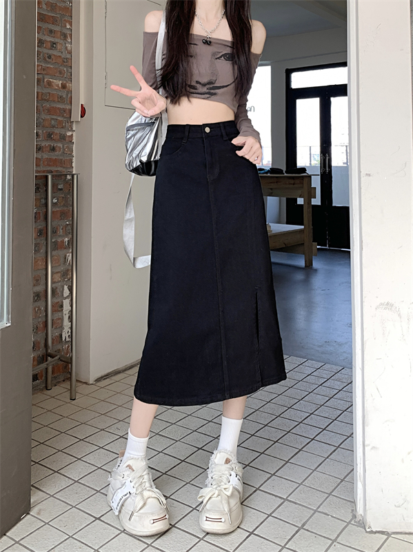 Slit slim long black irregular high waist denim skirt