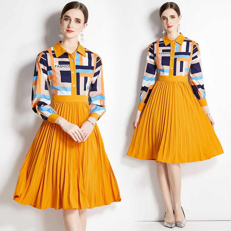 European style fashion printing lapel dress