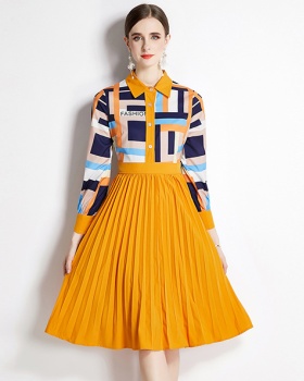 European style fashion printing lapel dress