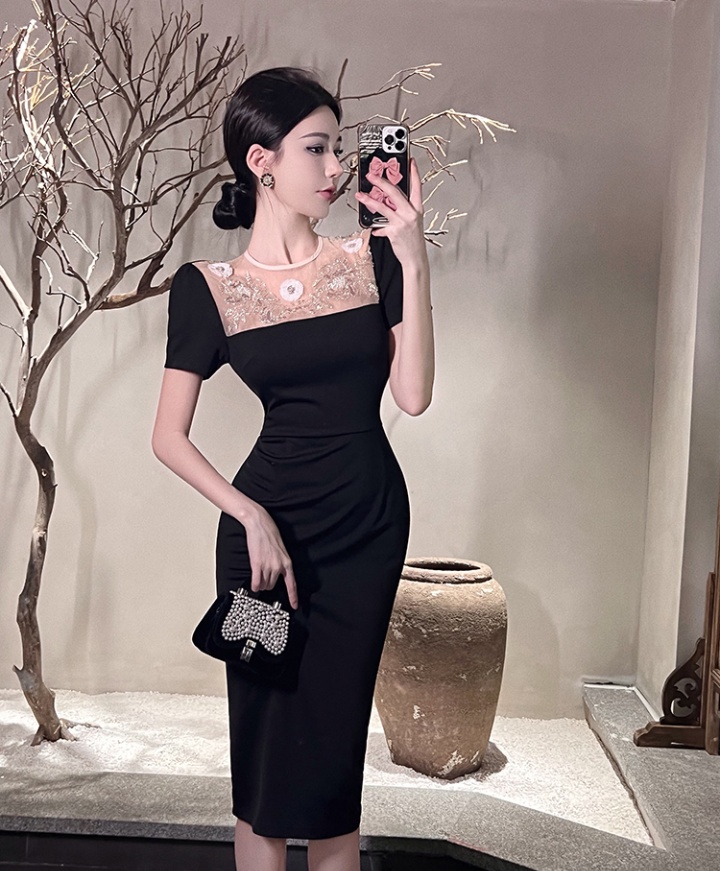 Splice embroidery formal dress temperament package hip dress