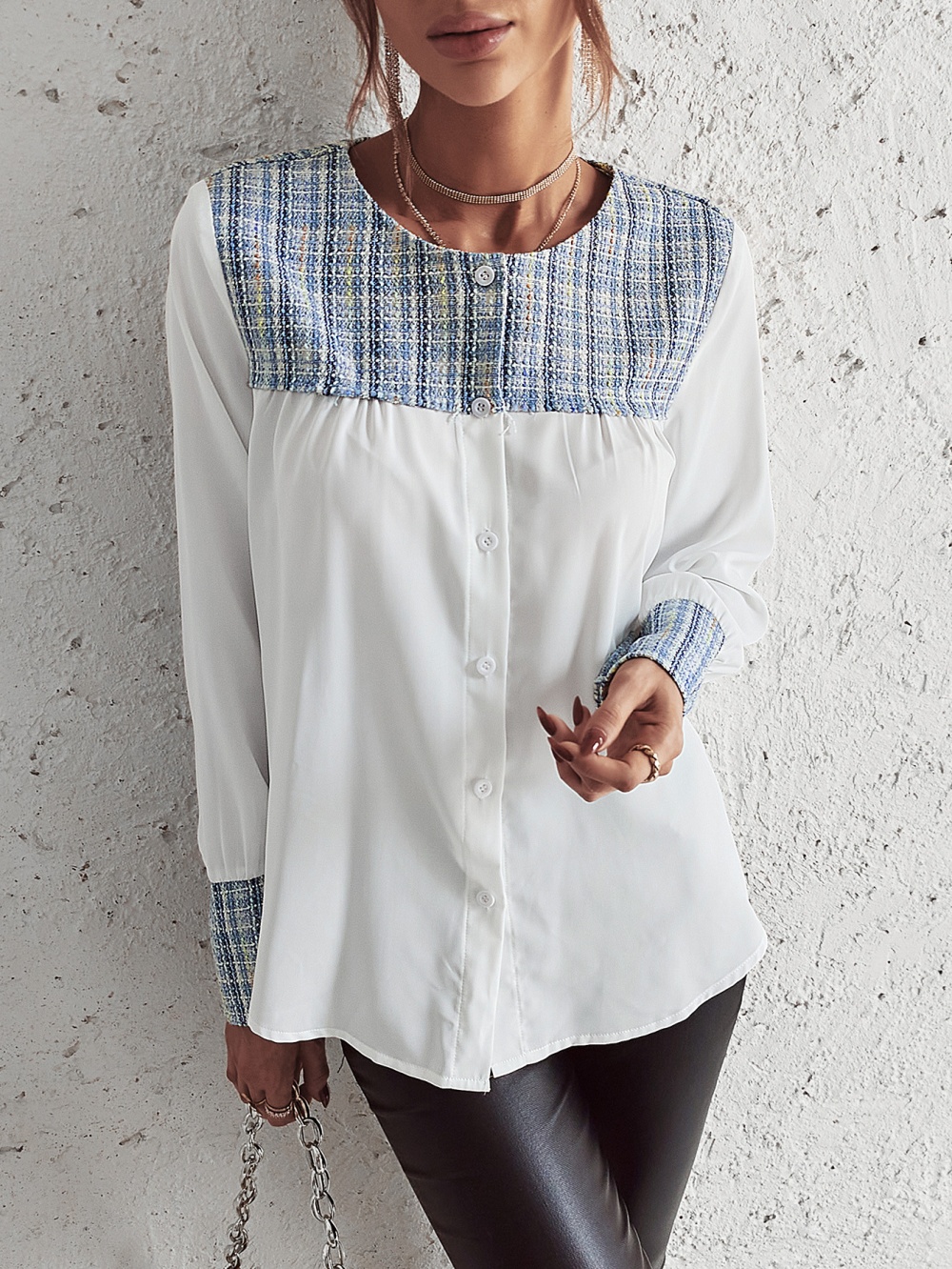 Splice spring and summer tops long sleeve all-match shirt
