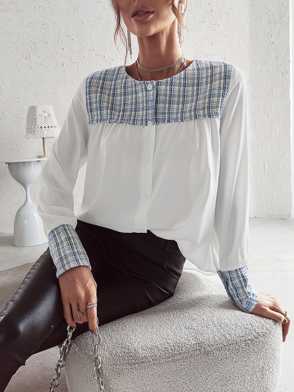 Splice spring and summer tops long sleeve all-match shirt
