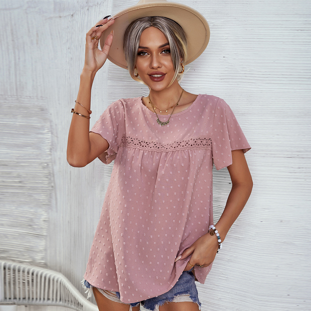 Round neck pure splice spring and summer Casual lace tops
