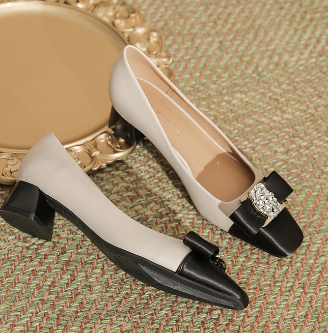 Square head high-heeled shoes sheepskin belt for women