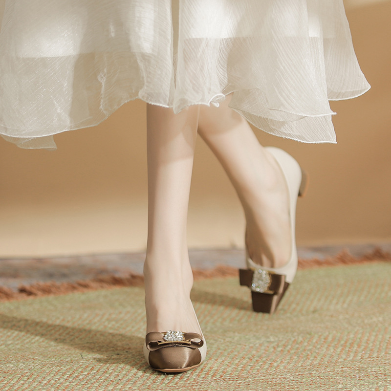 Square head high-heeled shoes sheepskin belt for women