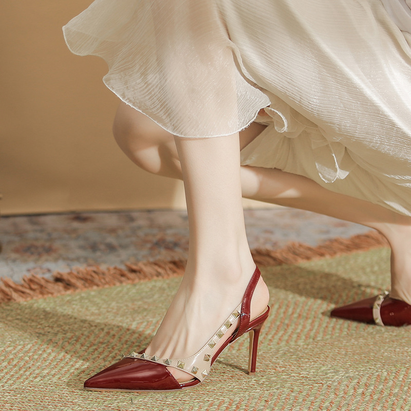 High-heeled rivet shoes sheepskin wine-red sandals for women