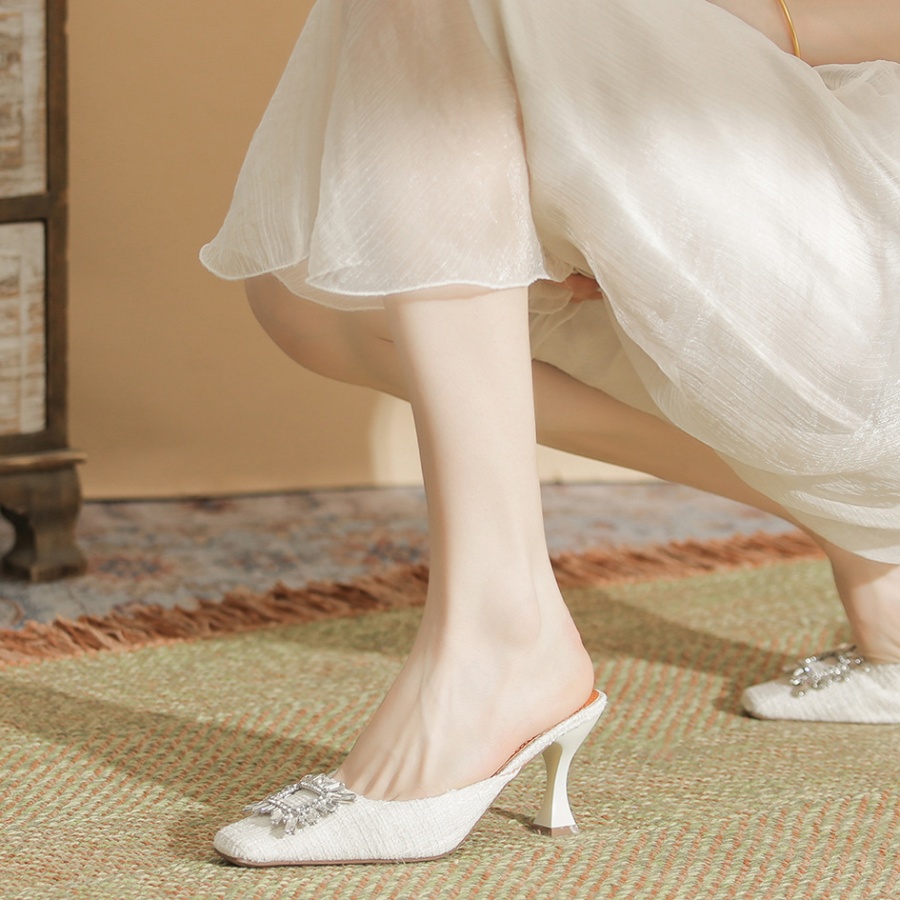Square head pure high-heeled rhinestone sandals for women