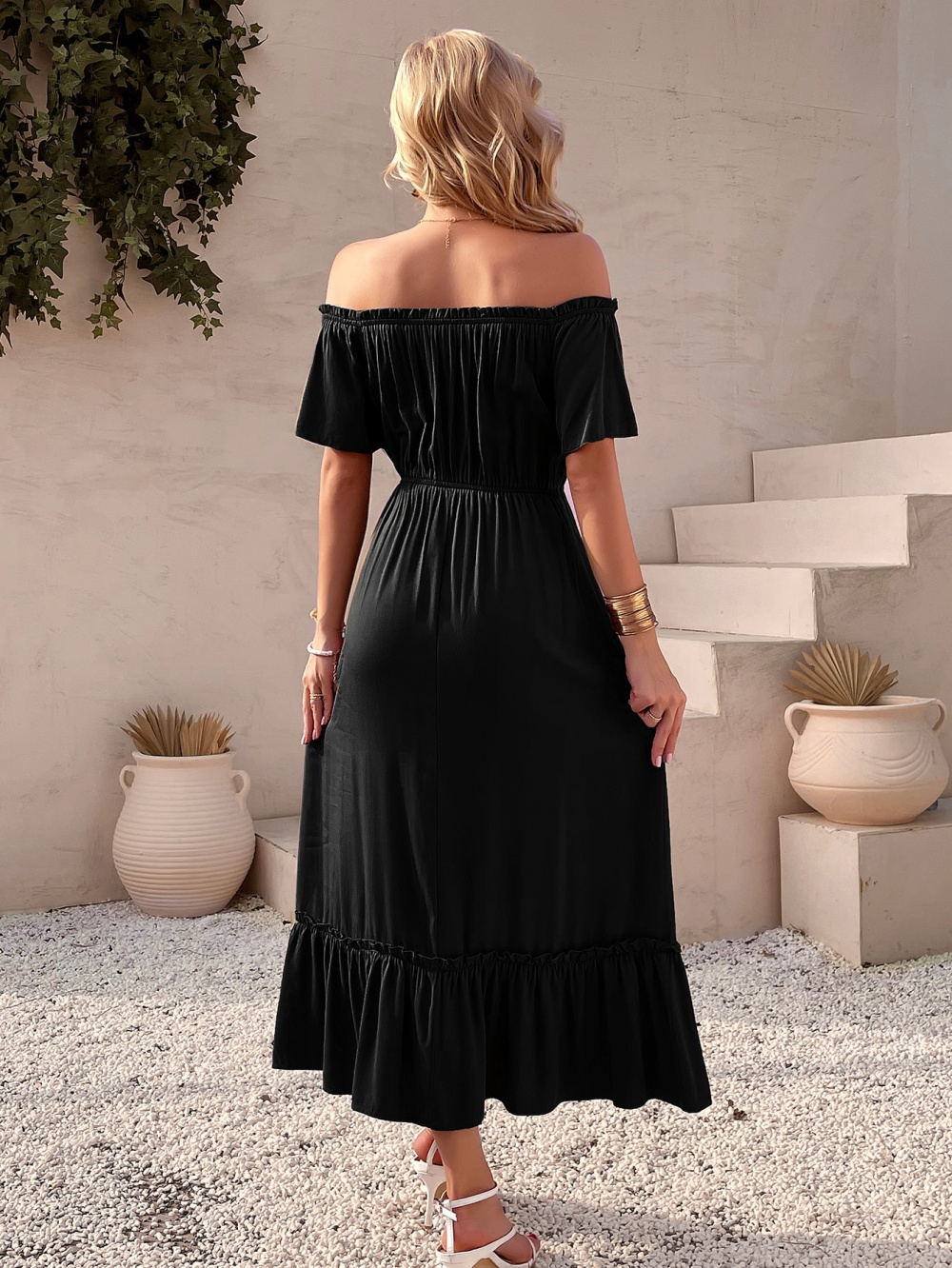 Big skirt fashion elegant flat shoulder dress