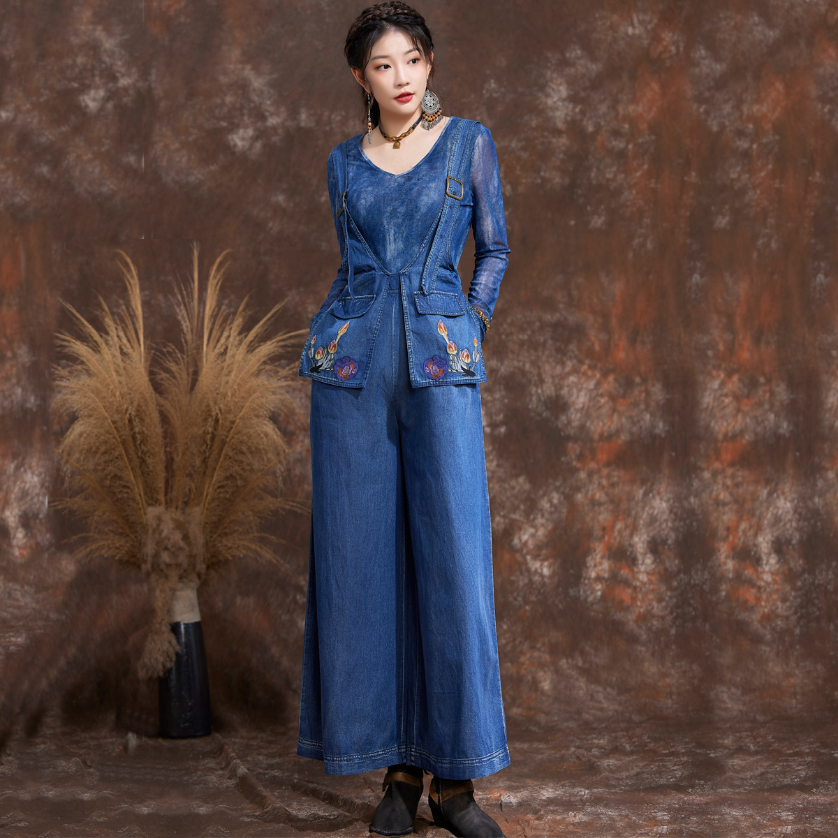 Loose wide leg sling jeans retro embroidery jumpsuit