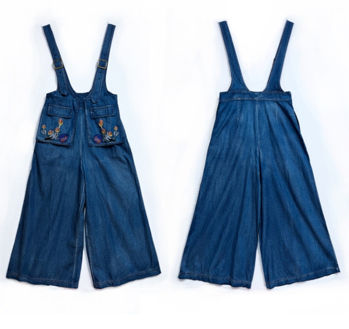 Loose wide leg sling jeans retro embroidery jumpsuit