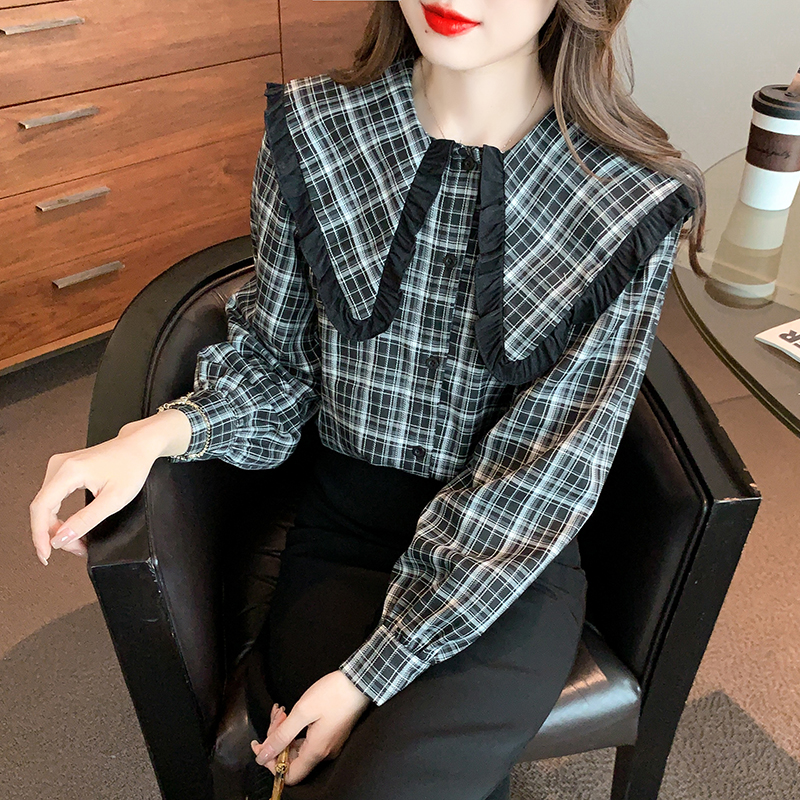 Plaid splice long sleeve shirt Korean style all-match tops