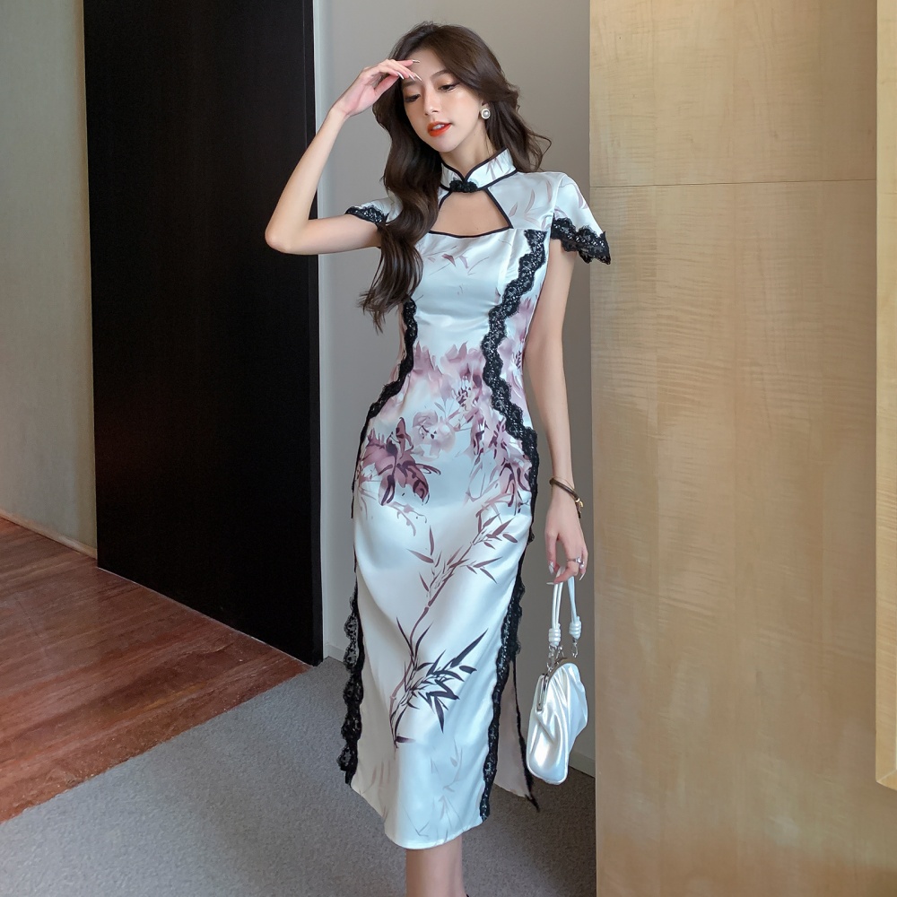 Printing split long slim dress ink lace satin formal dress