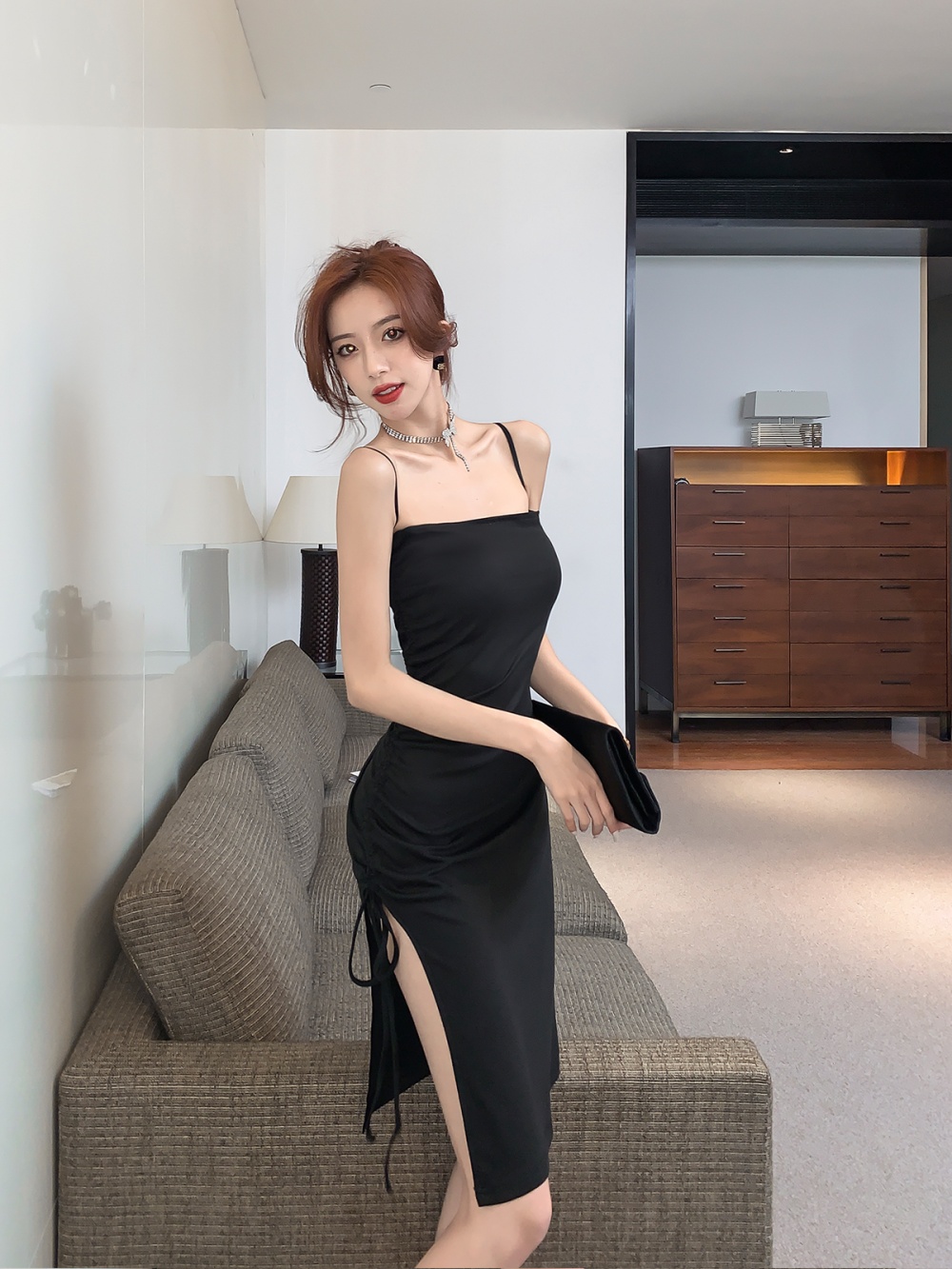 Split sexy bottoming sling cotton silk black dress