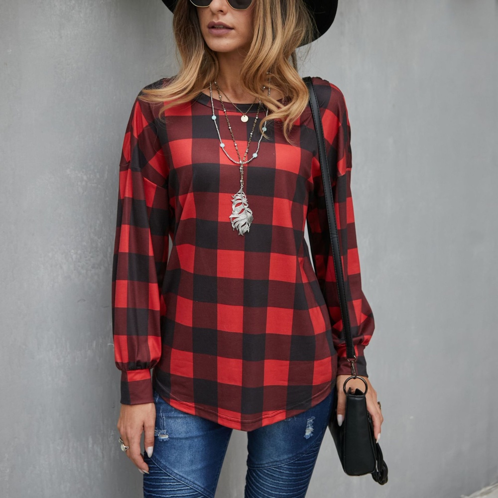 Knitted spring European style T-shirt plaid vacation tops