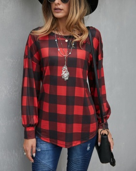 Knitted spring European style T-shirt plaid vacation tops