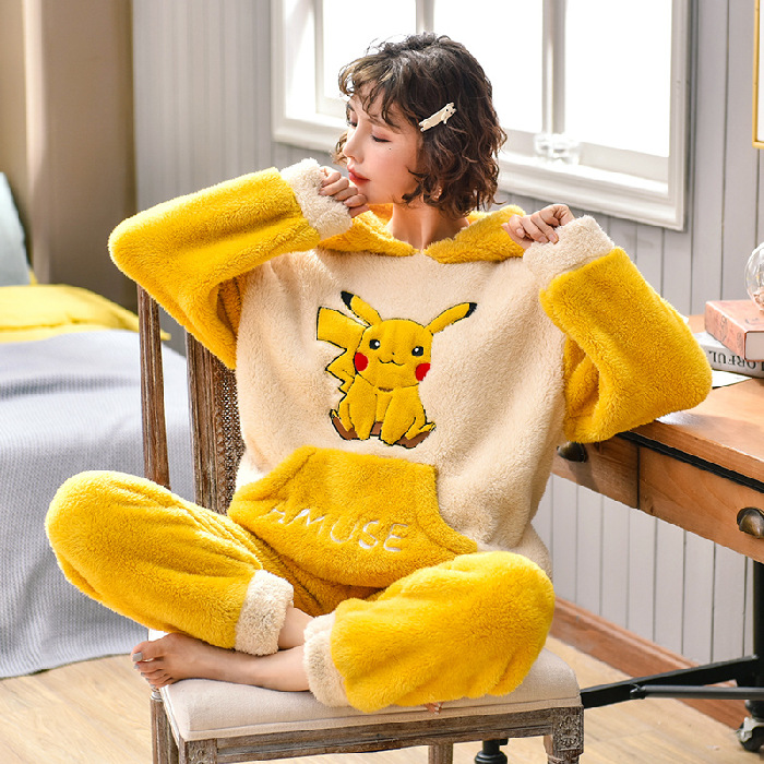 Thick hooded autumn and winter pajamas a set for women