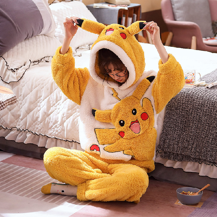 Thick hooded autumn and winter pajamas a set for women