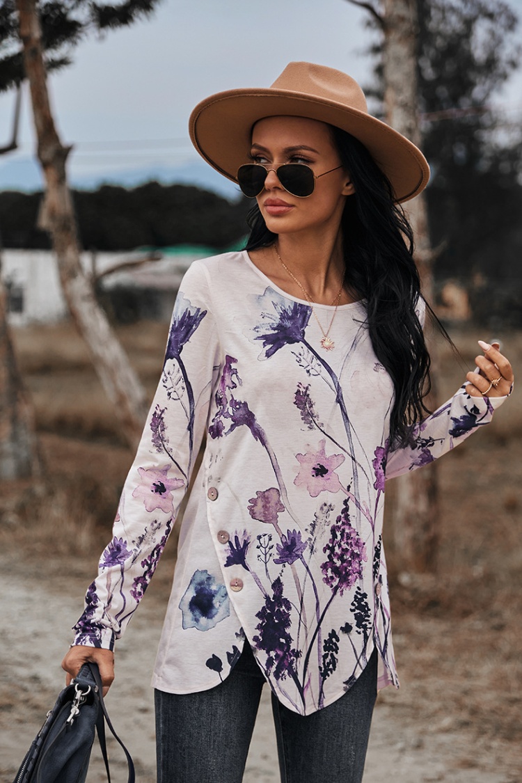 Stereoscopic long printing T-shirt spring round neck tops