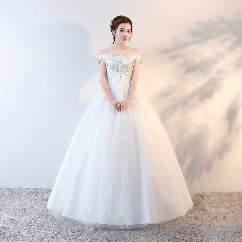 Flat shoulder formal dress floor length wedding dress
