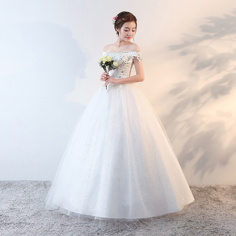 Flat shoulder formal dress floor length wedding dress