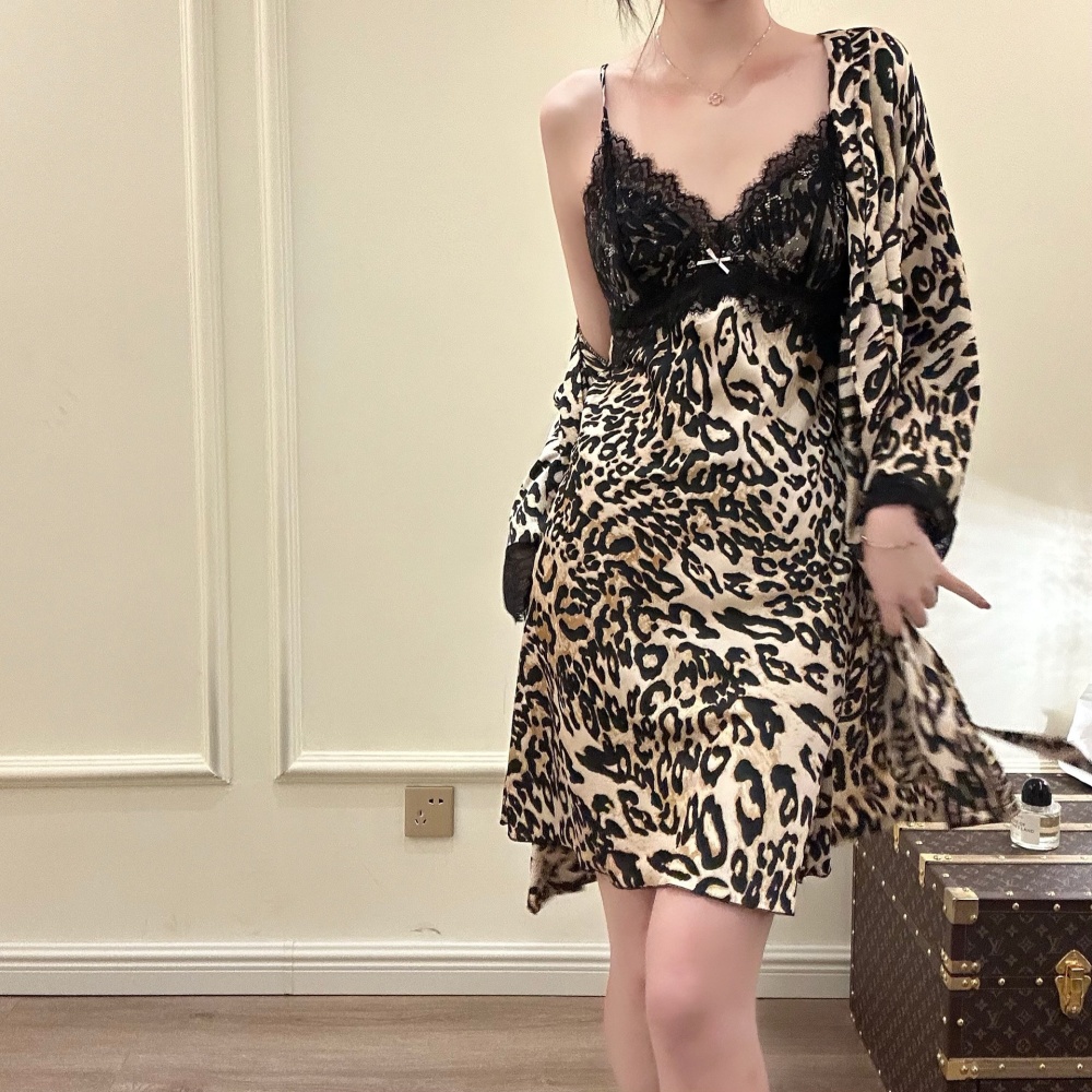 Leopard sling pajamas sexy night dress a set for women