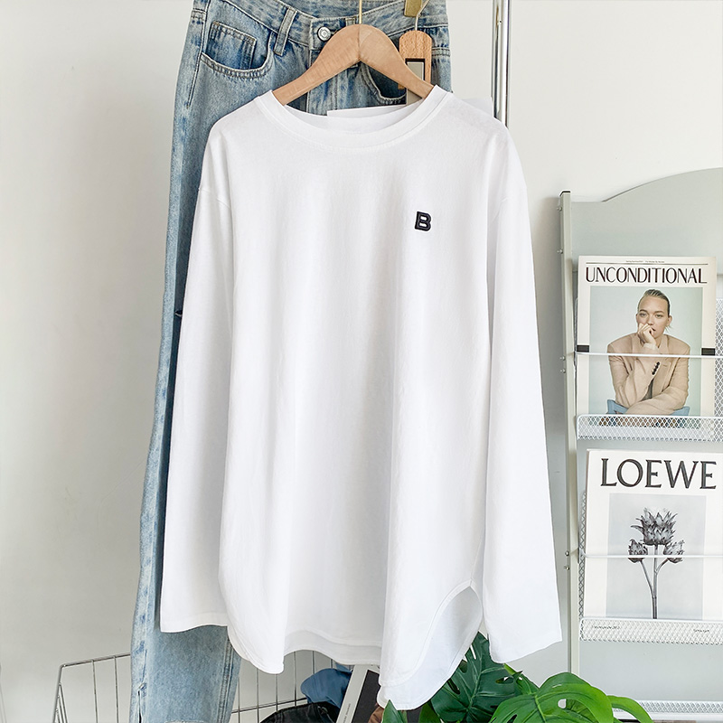 Long embroidery tops white pure cotton T-shirt