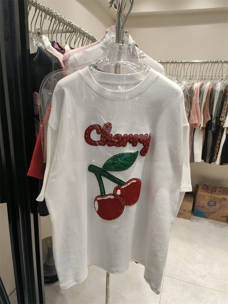 Short sleeve loose embroidery long cherry thick T-shirt
