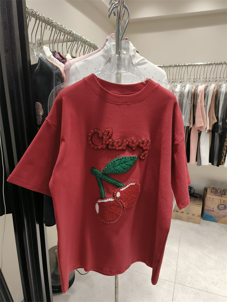 Short sleeve loose embroidery long cherry thick T-shirt