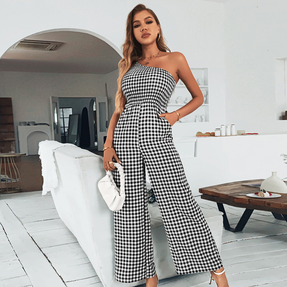Plaid shoulder spring and summer Casual jumpsuit