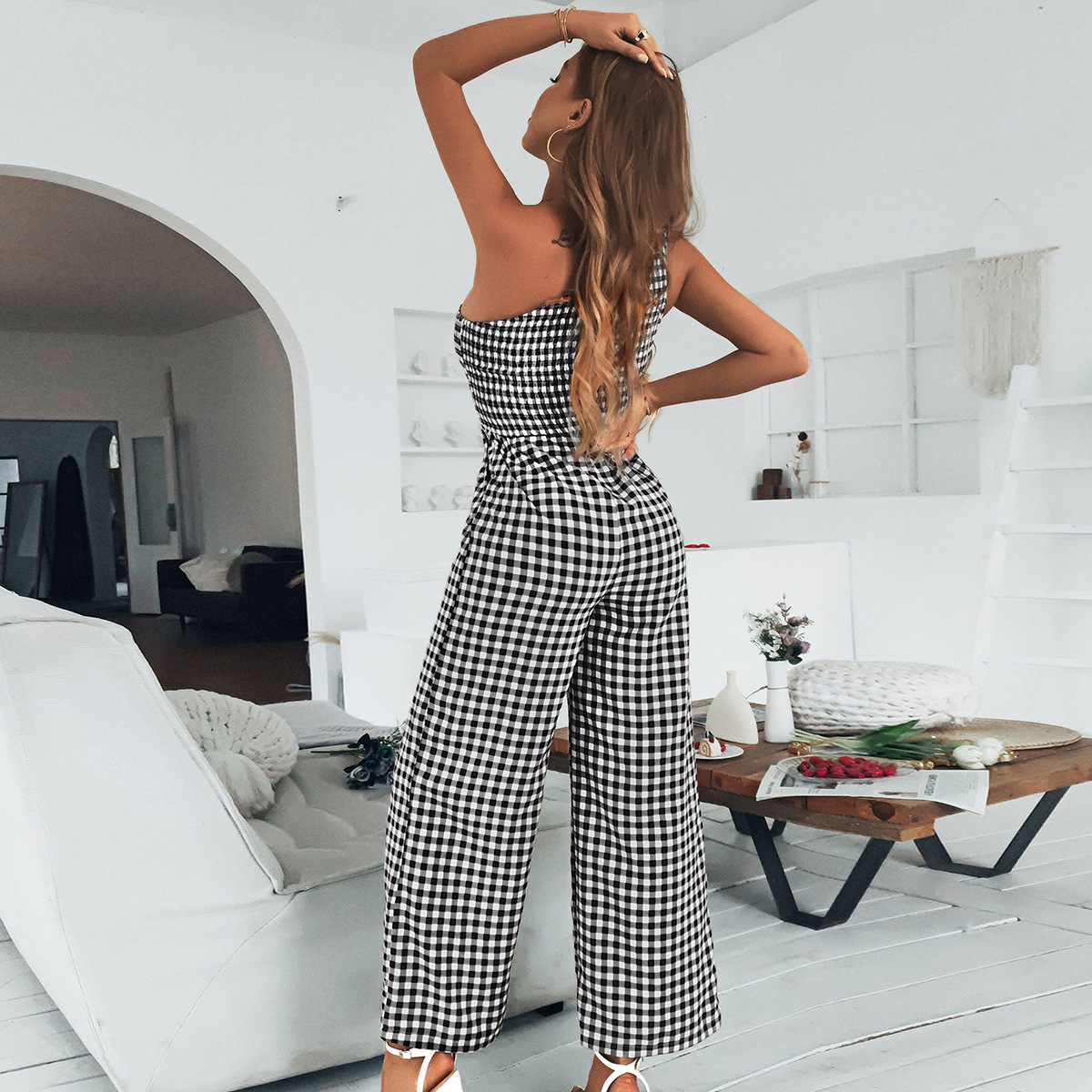 Plaid shoulder spring and summer Casual jumpsuit