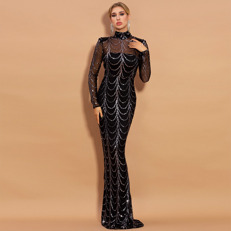 Black perspective evening dress sequins long dress for women