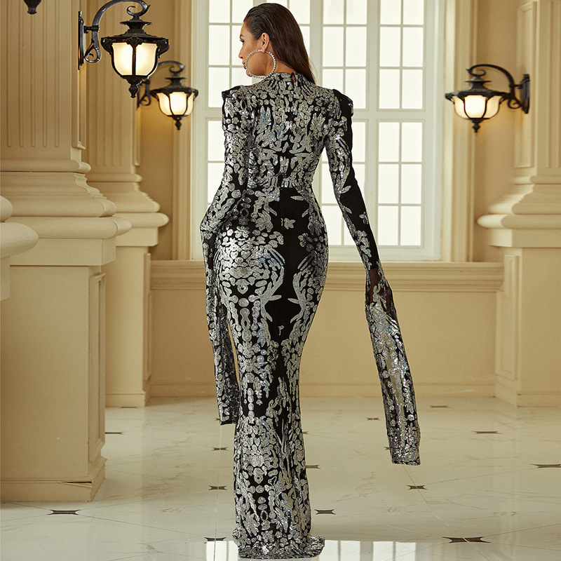 Long sequins evening dress European style catwalk dress for women