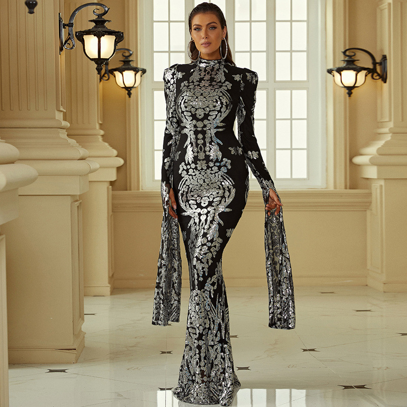 Long sequins evening dress European style catwalk dress for women