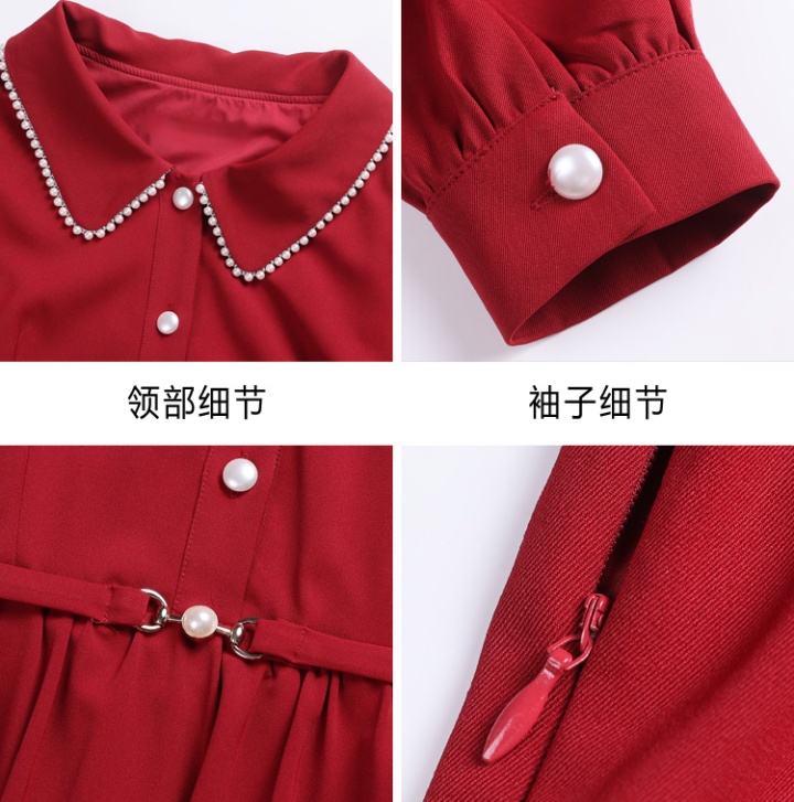 Pinched waist long sleeve red retro slim spring dress