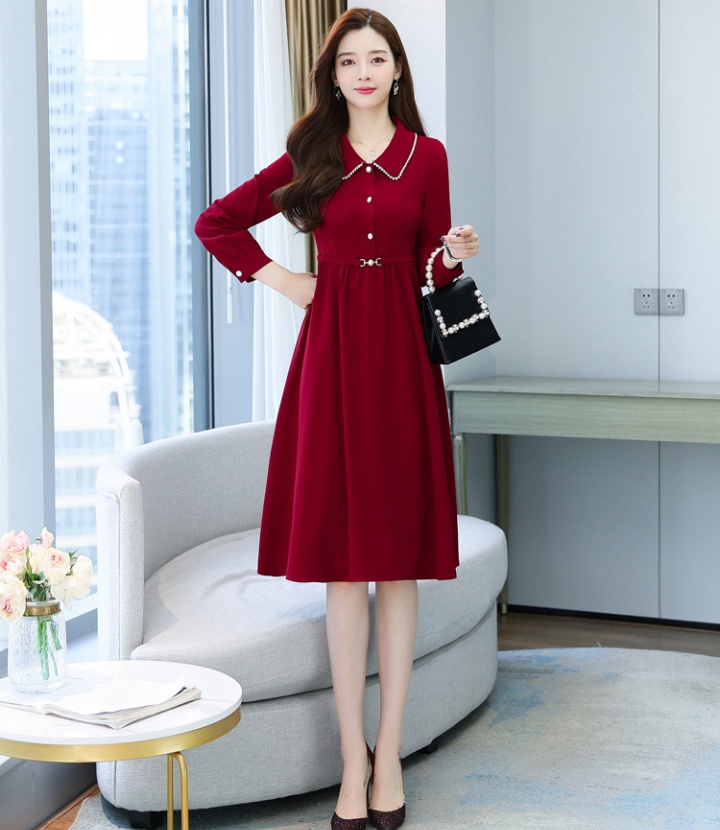 Pinched waist long sleeve red retro slim spring dress