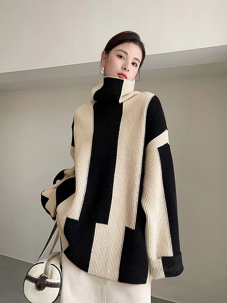 Lazy loose stripe tops long high collar sweater for women