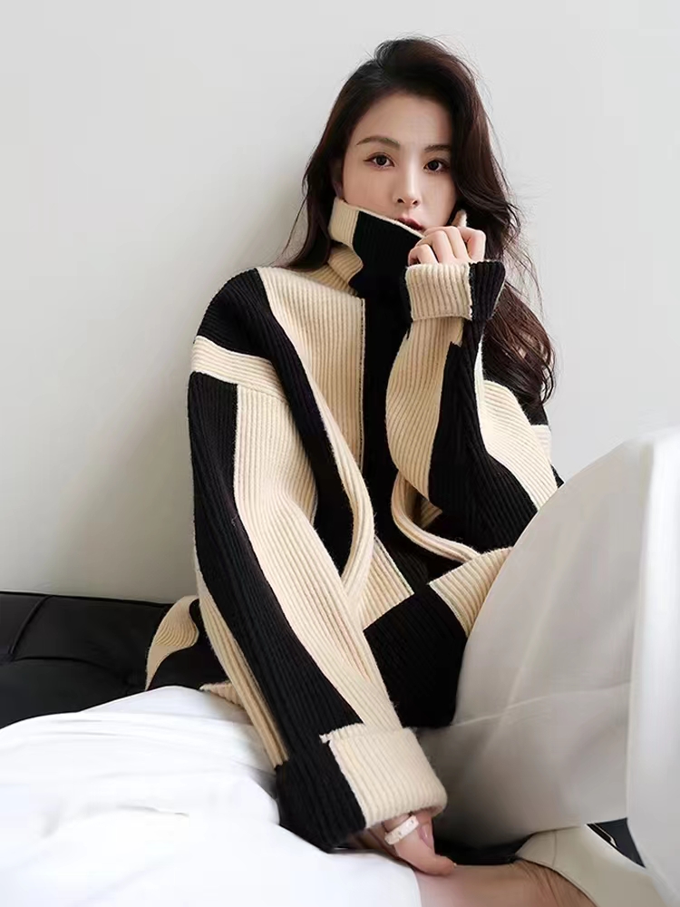 Lazy loose stripe tops long high collar sweater for women