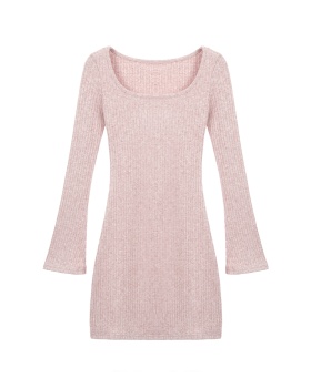 Spring knitted square collar dress pink inside the ride T-back