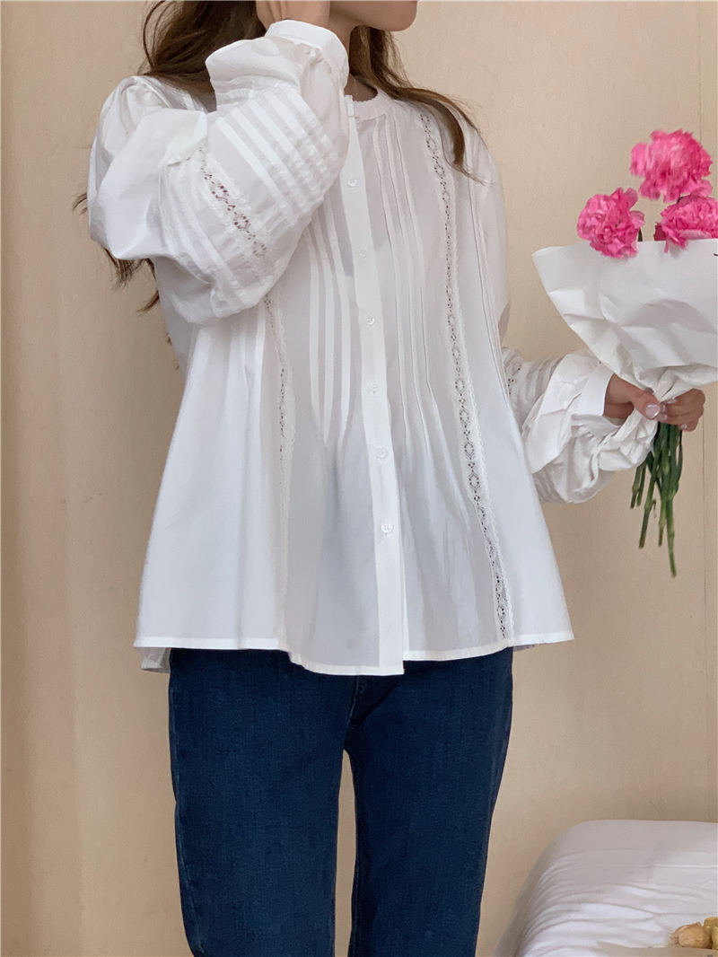 Long sleeve splice lace round neck hollow shirt