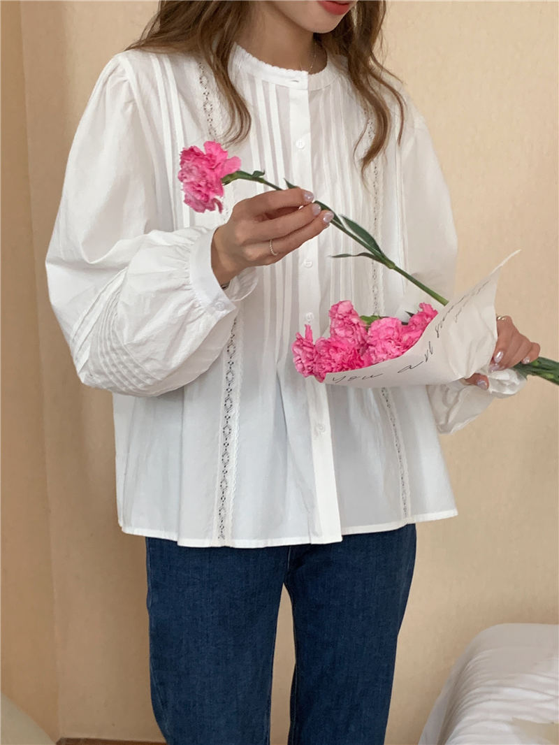 Long sleeve splice lace round neck hollow shirt