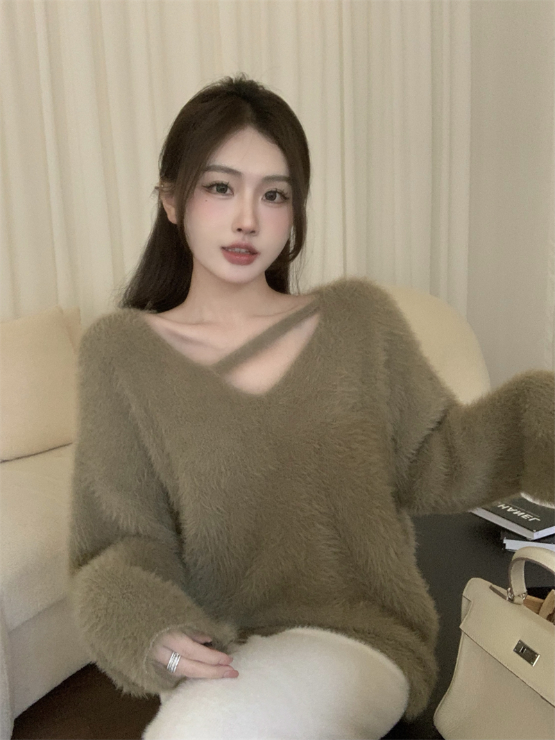 Mink hair loose pullover sweater for women