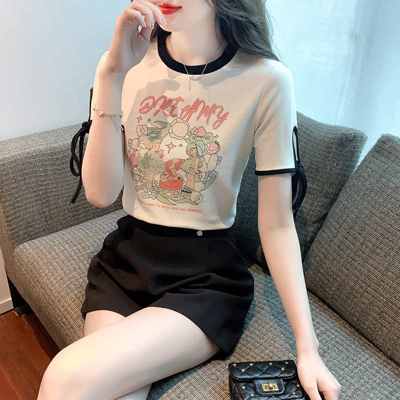 Mixed colors loose tops printing T-shirt for women