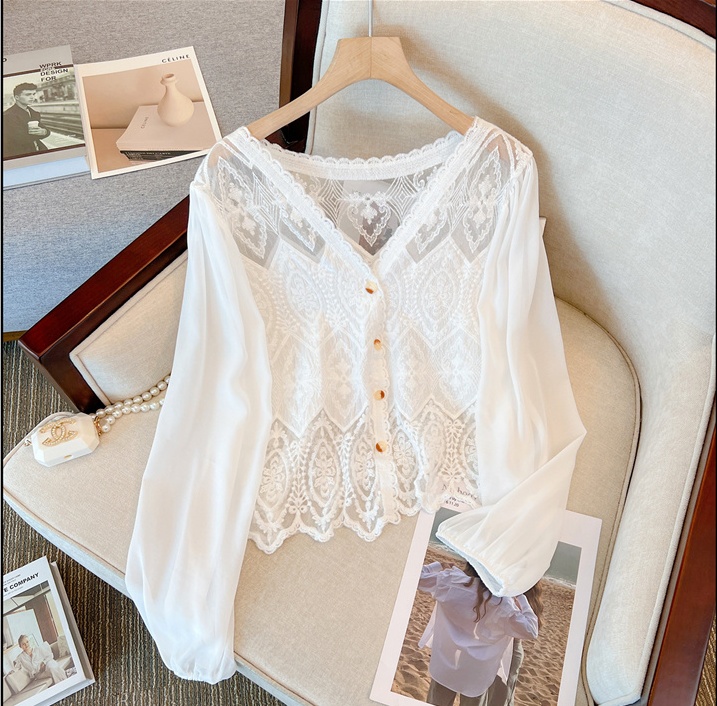 Hollow V-neck cardigan temperament lace shirt for women